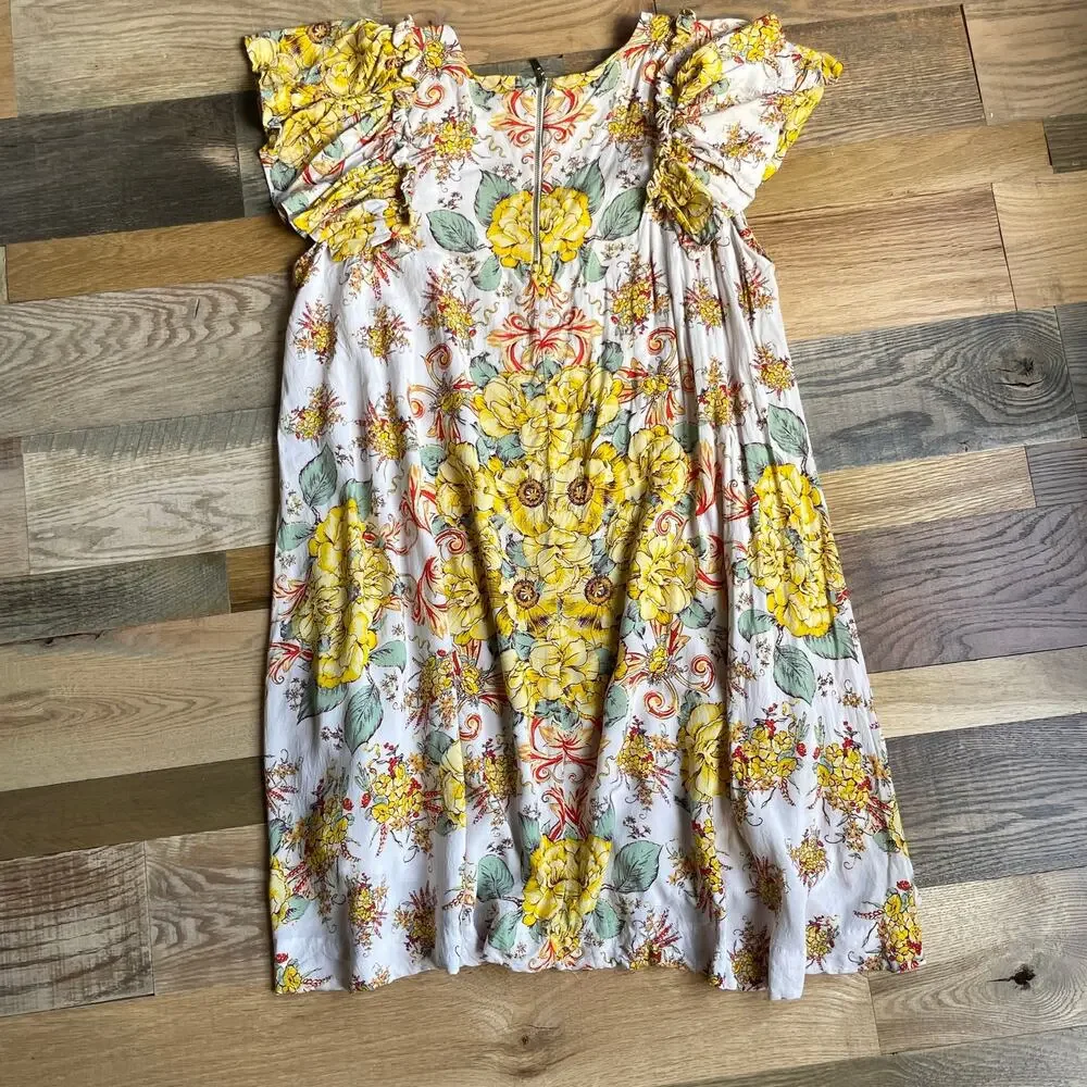 Free People XS Floral Ruffle Sleeve Short Dress 100% Viscose Yellow Pink